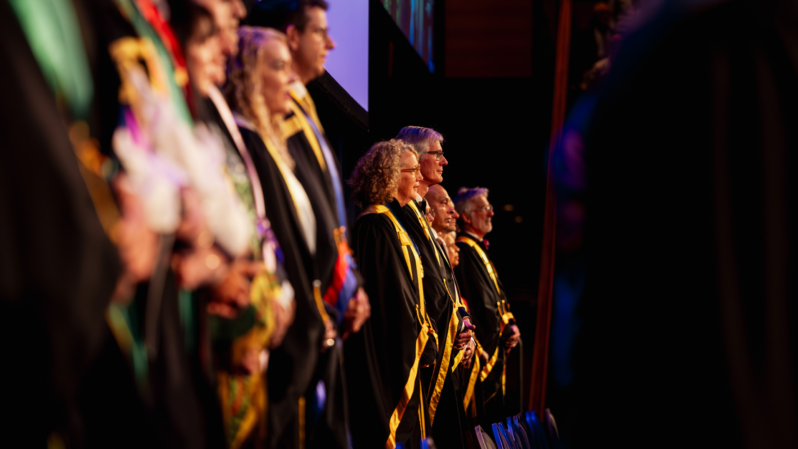 ANZCA and FPM fellows in their gowns on stage