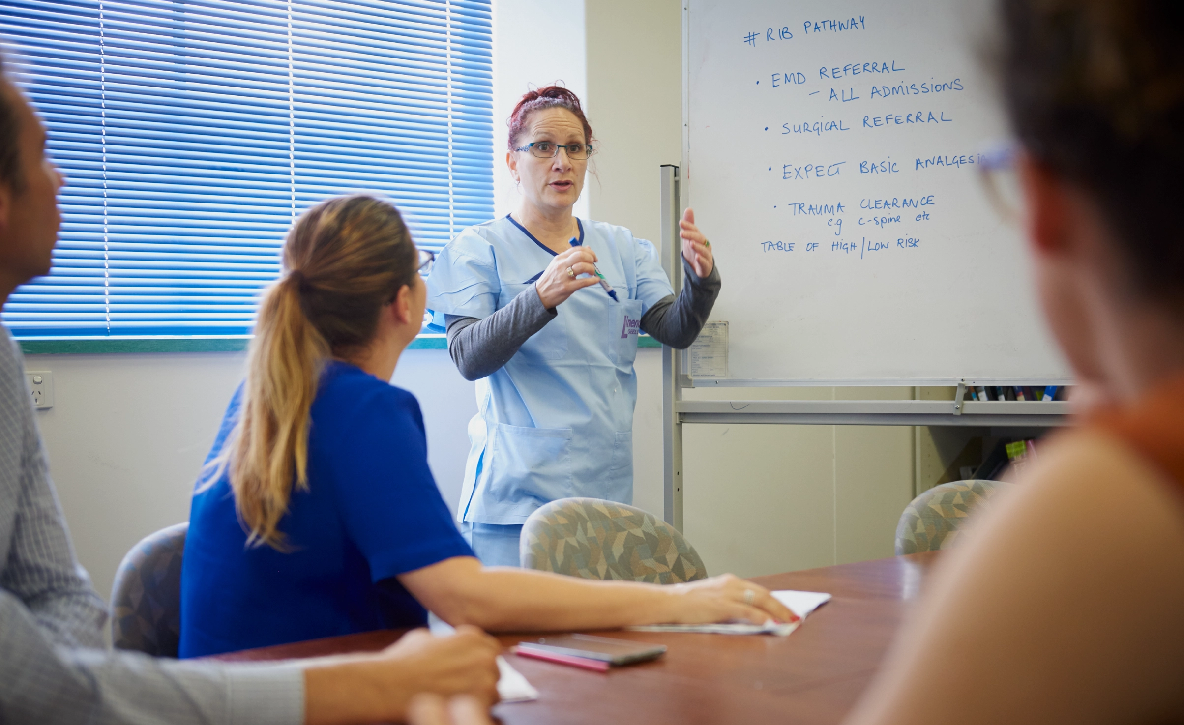 Person in scrubs in front of whiteboard talking to students sitting around a table