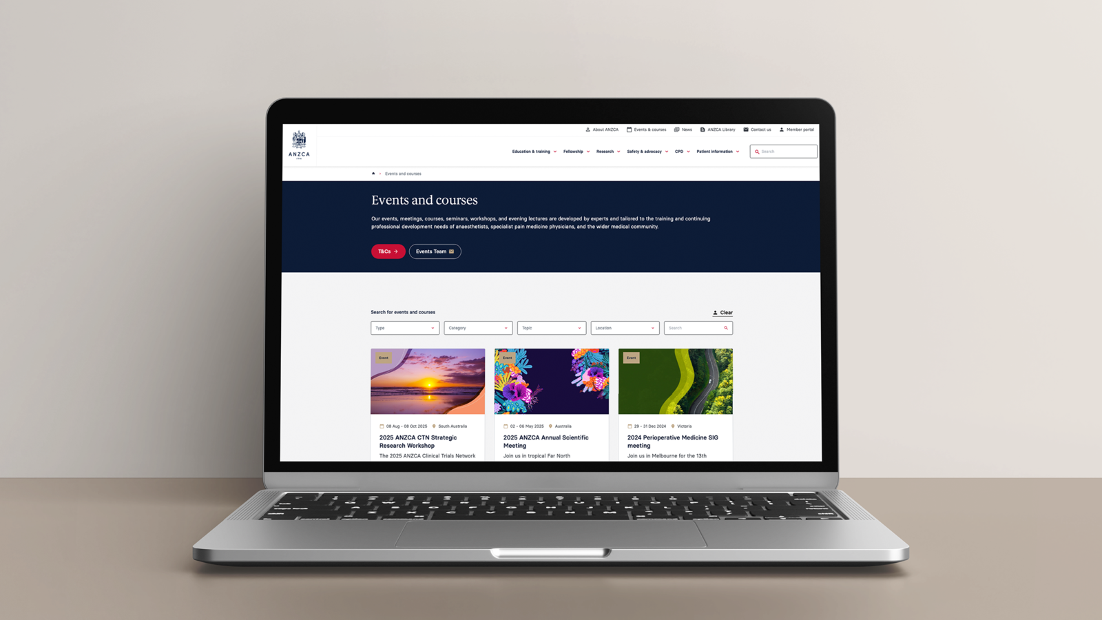 Screen shot of new ANZCA website on a laptop screen 