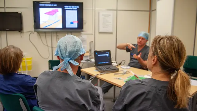 A group of doctor's looking at a screen while one doctor explains the diagram