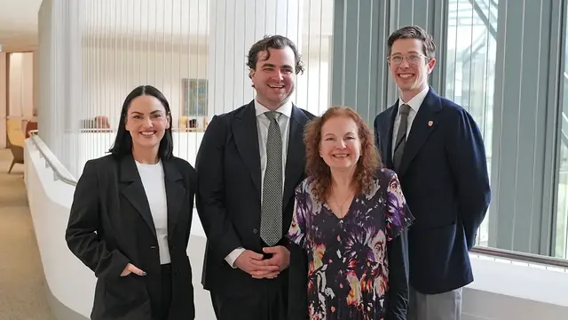 PUMA Lead Investigator Dr Luke Perry (centre left) with co-investigator A/Prof Lachlan Miles (far right) and cardiac surgery survivors & PUMA Investigators Paige Druce (left) and Anne Hosemans (right).