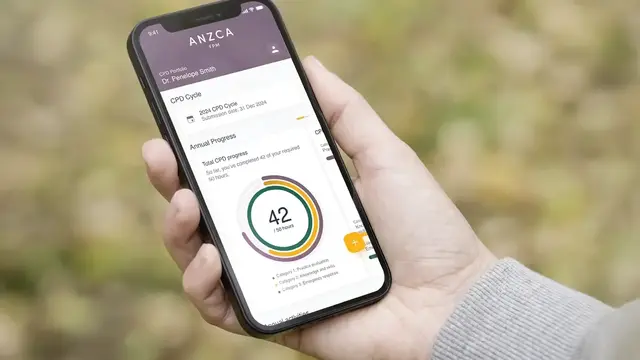 Photo of the ANZCA CPD app home screen in a mobile phone