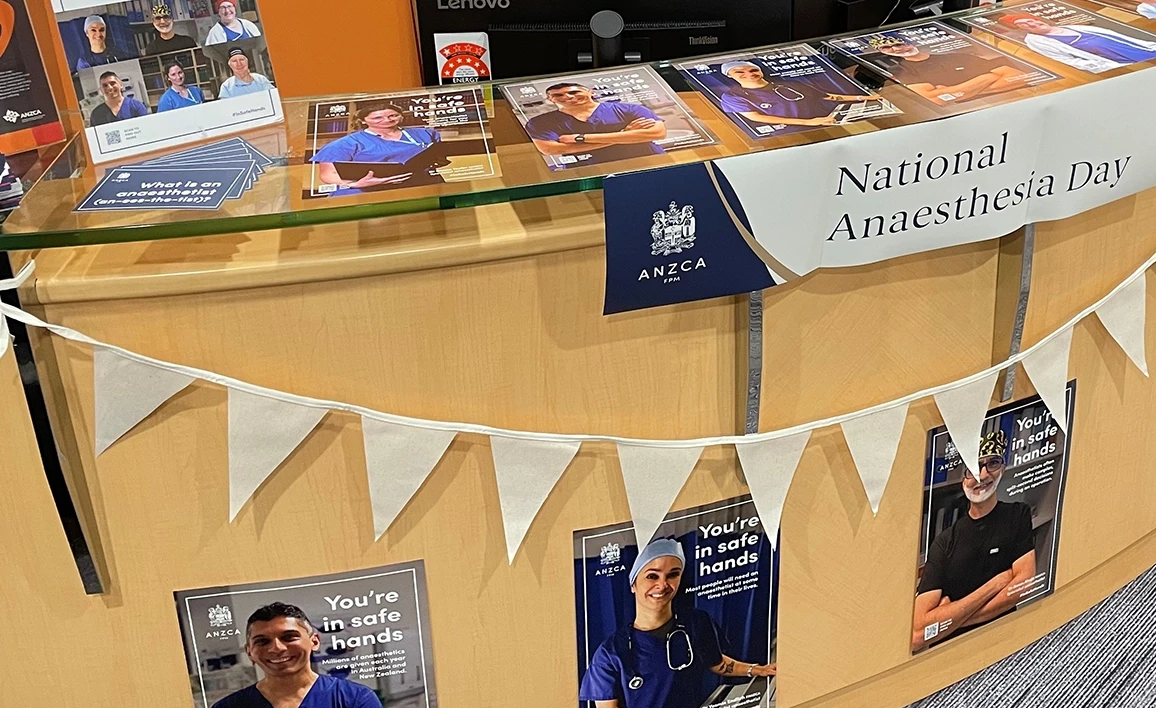 A display of posters, flyers, and bunting promoting anaesthesia